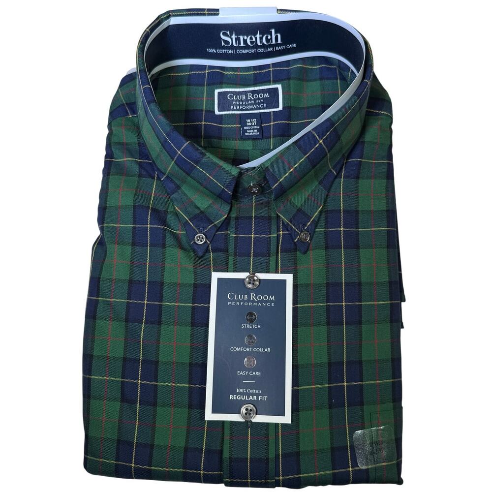 Club Room Men's Regular-Fit Randall Plaid Dress Shirt navy/green 18.5 36-37 $60